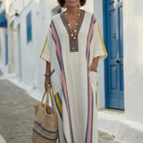 Brunilda — Striped-Trim Kaftan Maxi Dress with V-Neck and Pockets