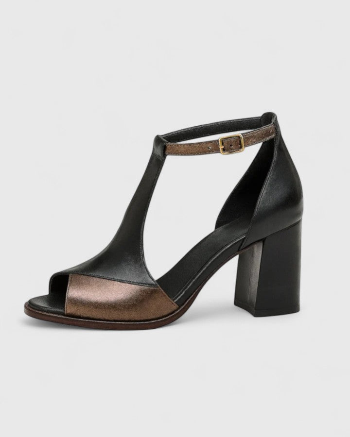 Mayumi — Orthopaedic T-Strap Block-Heel Sandals with Bronze Toe