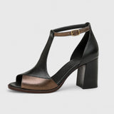 Mayumi — Orthopaedic T-Strap Block-Heel Sandals with Bronze Toe
