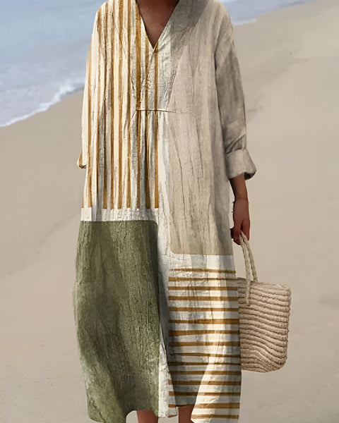 Galena — Cream Striped Patchwork Midi Dress