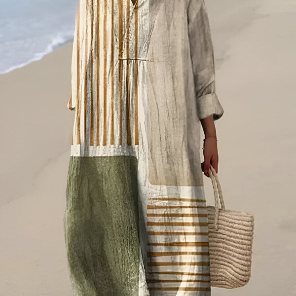 Galena — Cream Striped Patchwork Midi Dress