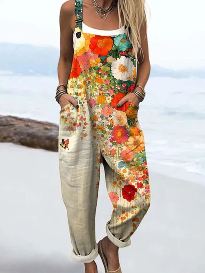 Norah — Orange Poppy Floral Print Overalls