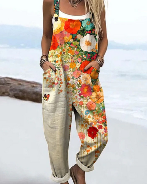 Norah — Orange Poppy Floral Print Overalls