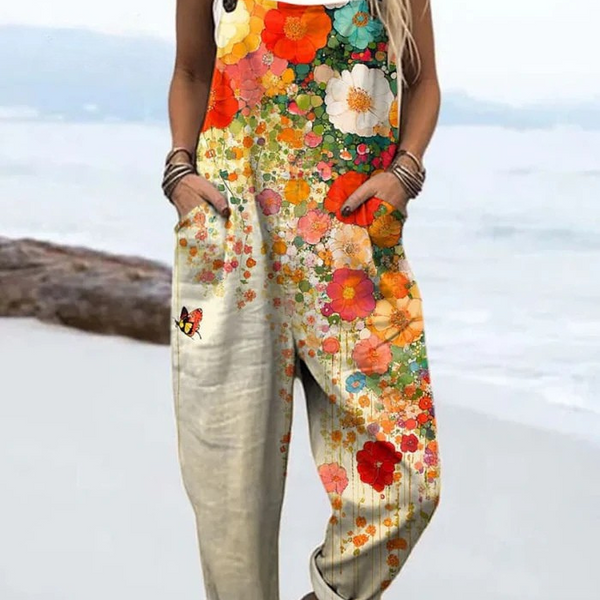 Norah — Orange Poppy Floral Print Overalls
