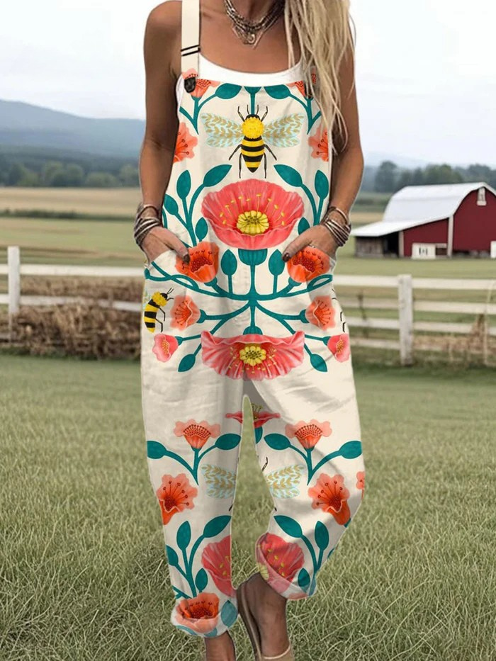 Hypatia — Folk Poppy and Bee Print Overalls