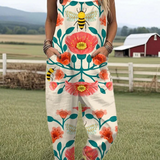 Hypatia — Folk Poppy and Bee Print Overalls