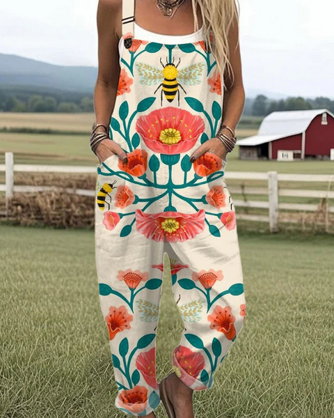 Hypatia — Folk Poppy and Bee Print Overalls