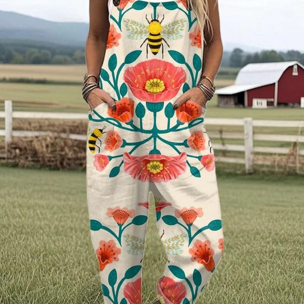 Hypatia — Folk Poppy and Bee Print Overalls