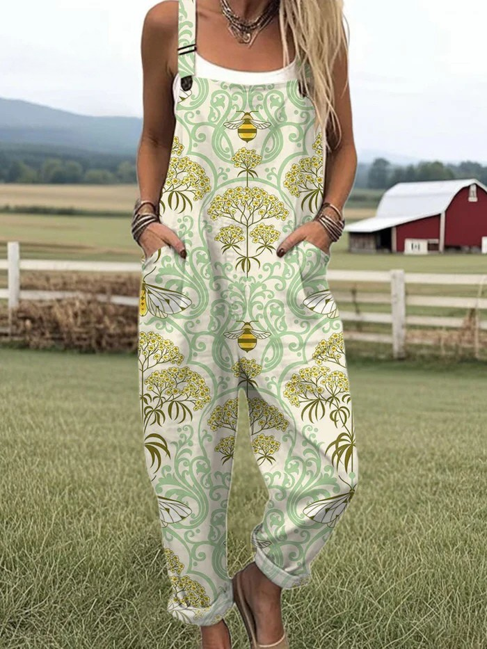 Laelia — Pale Green Botanical Bee Print Overalls