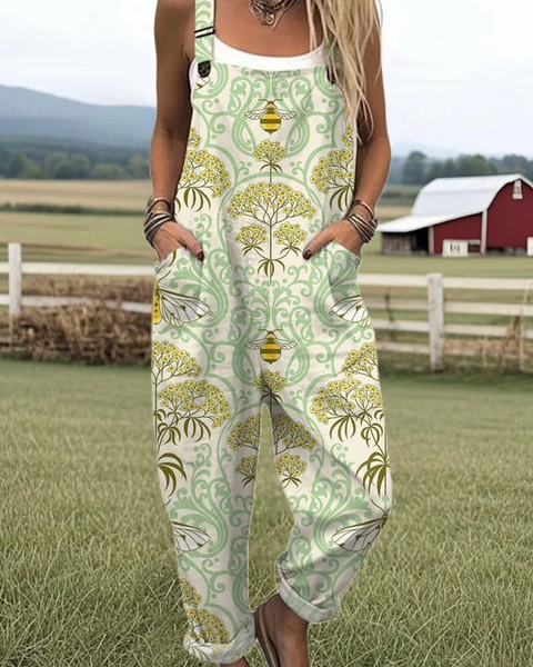 Laelia — Pale Green Botanical Bee Print Overalls