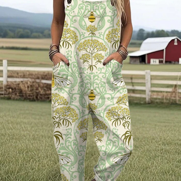 Laelia — Pale Green Botanical Bee Print Overalls
