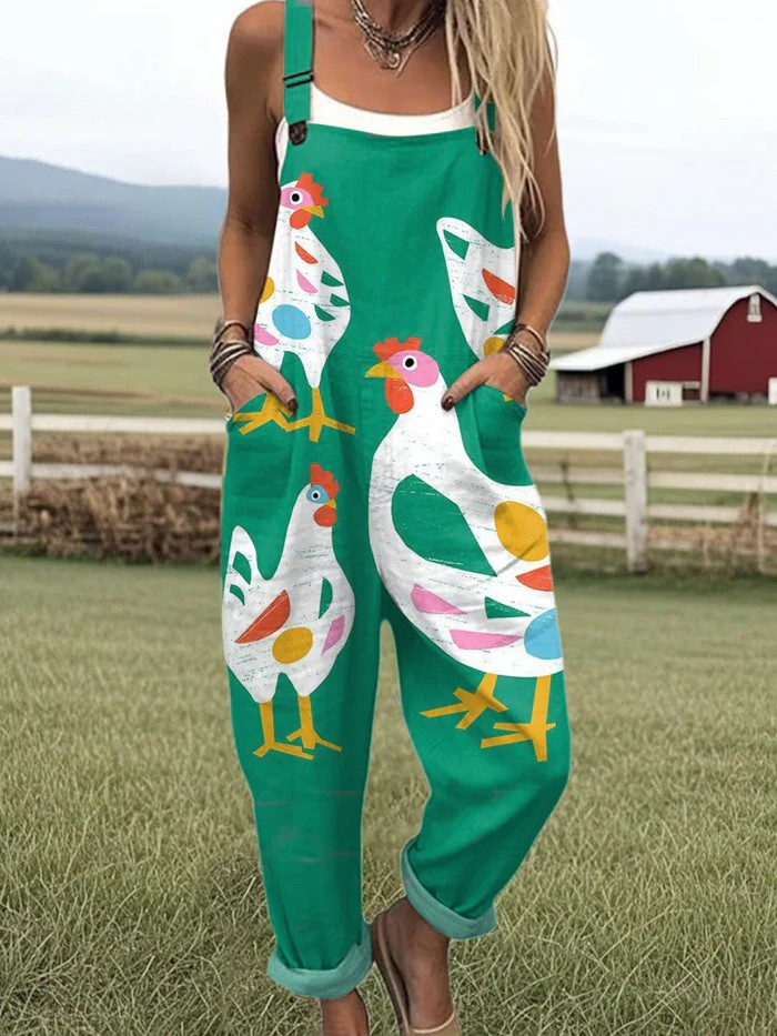 Lujza — Emerald Folk Rooster Print Overalls