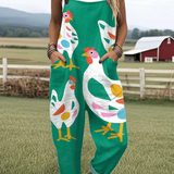 Lujza — Emerald Folk Rooster Print Overalls
