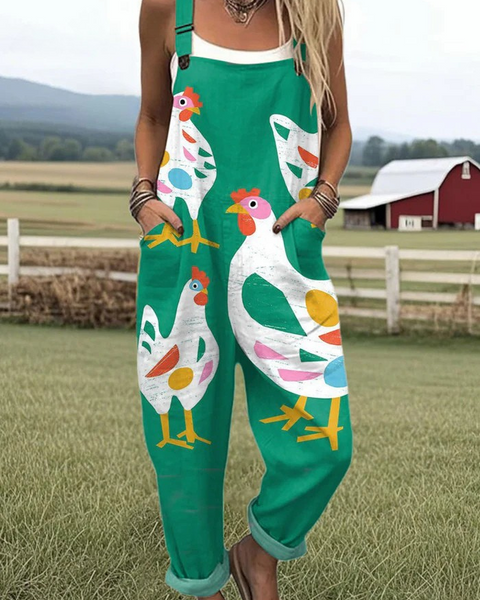 Lujza — Emerald Folk Rooster Print Overalls