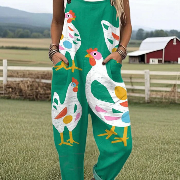 Lujza — Emerald Folk Rooster Print Overalls