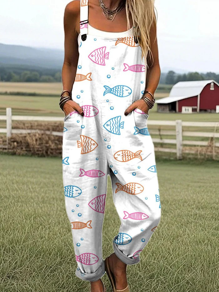 Isleen — Line Art Fish Print Overalls