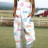 Isleen — Line Art Fish Print Overalls