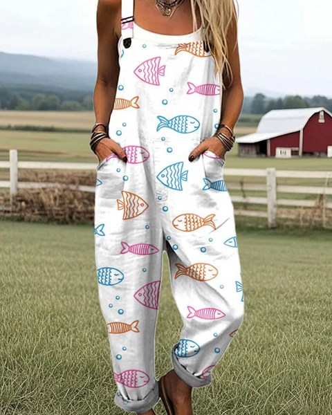 Isleen — Line Art Fish Print Overalls