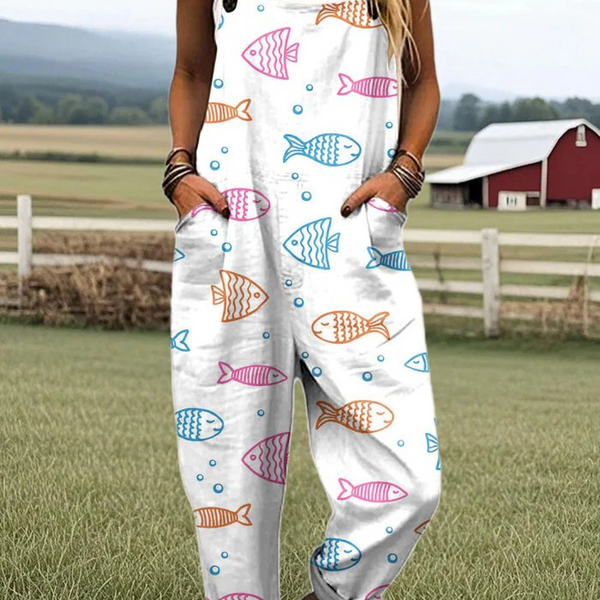 Isleen — Line Art Fish Print Overalls