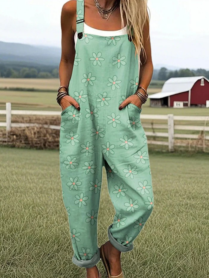 Virginia — Mint Green Daisy Print Overalls