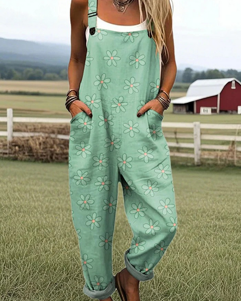 Virginia — Mint Green Daisy Print Overalls