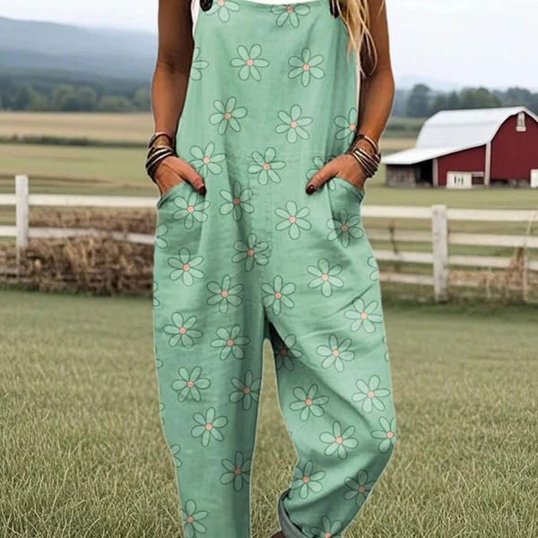 Virginia — Mint Green Daisy Print Overalls