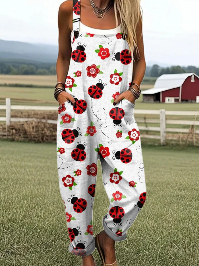 Demetria — Ladybug and Red Flower Print Overalls