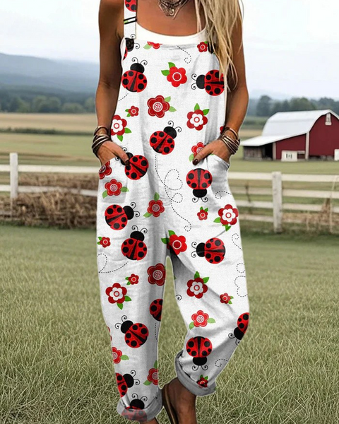 Demetria — Ladybug and Red Flower Print Overalls