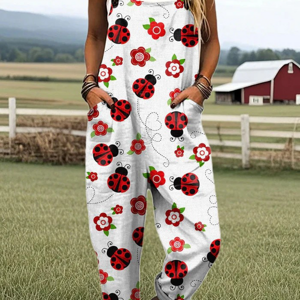 Demetria — Ladybug and Red Flower Print Overalls