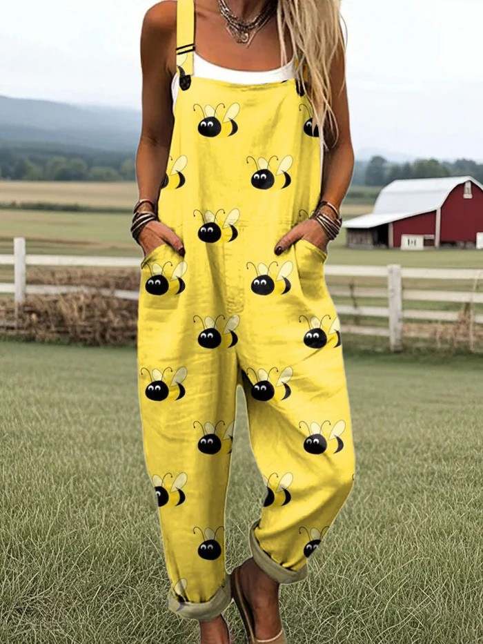 Armande — Bright Yellow Bumblebee Print Overalls
