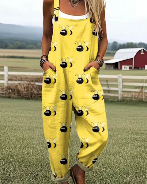 Armande — Bright Yellow Bumblebee Print Overalls