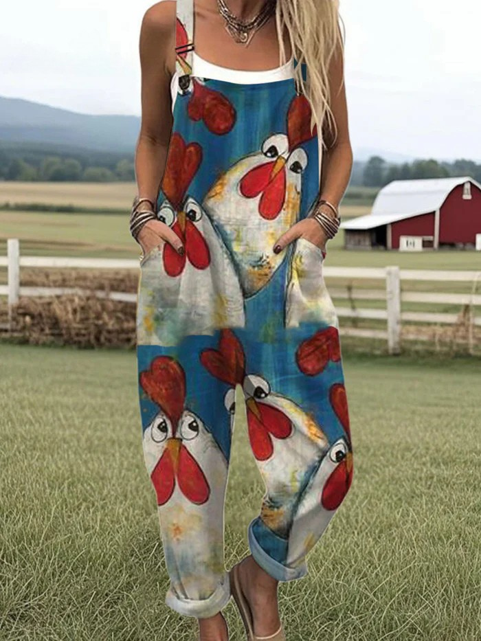Eurydice — Painterly Rooster Print Overalls