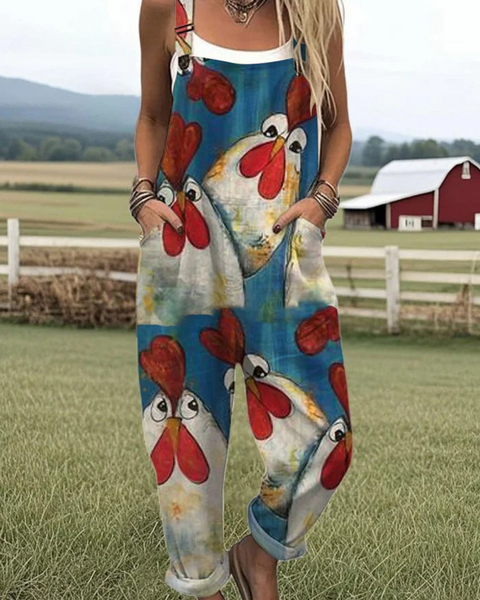 Eurydice — Painterly Rooster Print Overalls
