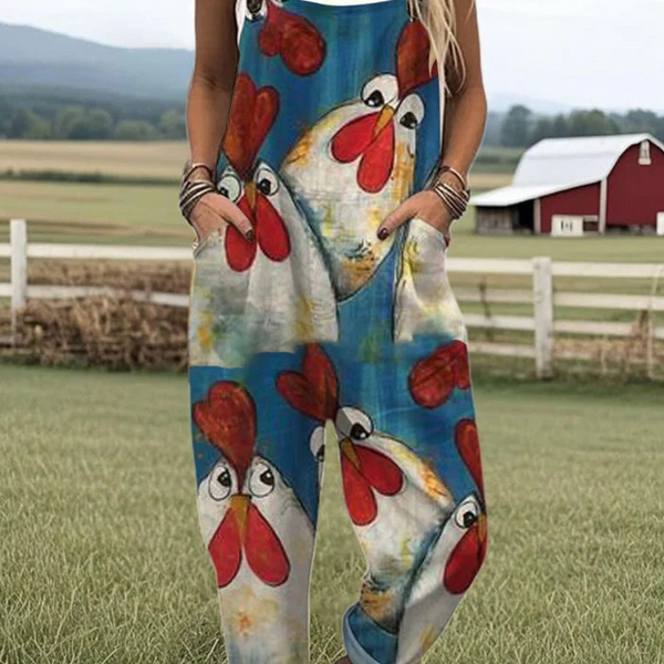 Eurydice — Painterly Rooster Print Overalls
