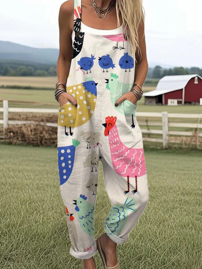 Luisa — Colourful Chick and Hen Print Overalls