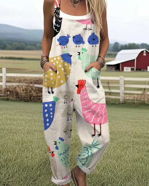 Luisa — Colourful Chick and Hen Print Overalls