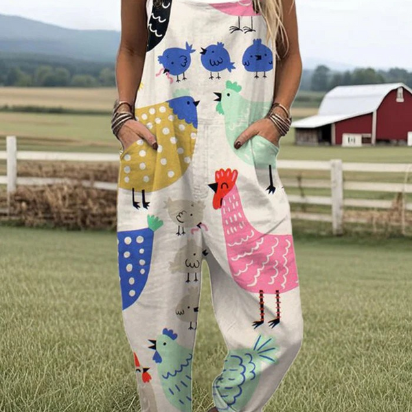 Luisa — Colourful Chick and Hen Print Overalls