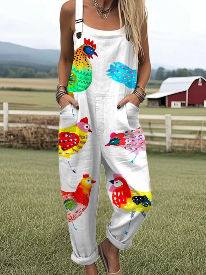 Amabilia — Colourful Barnyard Hen Print Overalls