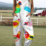 Amabilia — Colourful Barnyard Hen Print Overalls