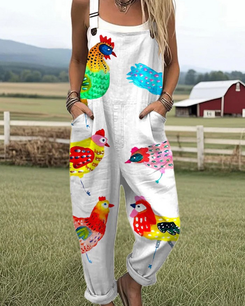 Amabilia — Colourful Barnyard Hen Print Overalls
