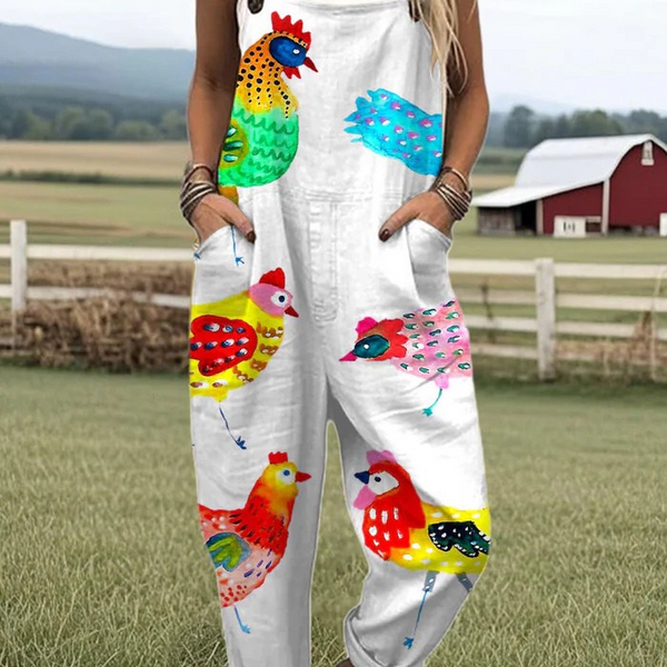 Amabilia — Colourful Barnyard Hen Print Overalls