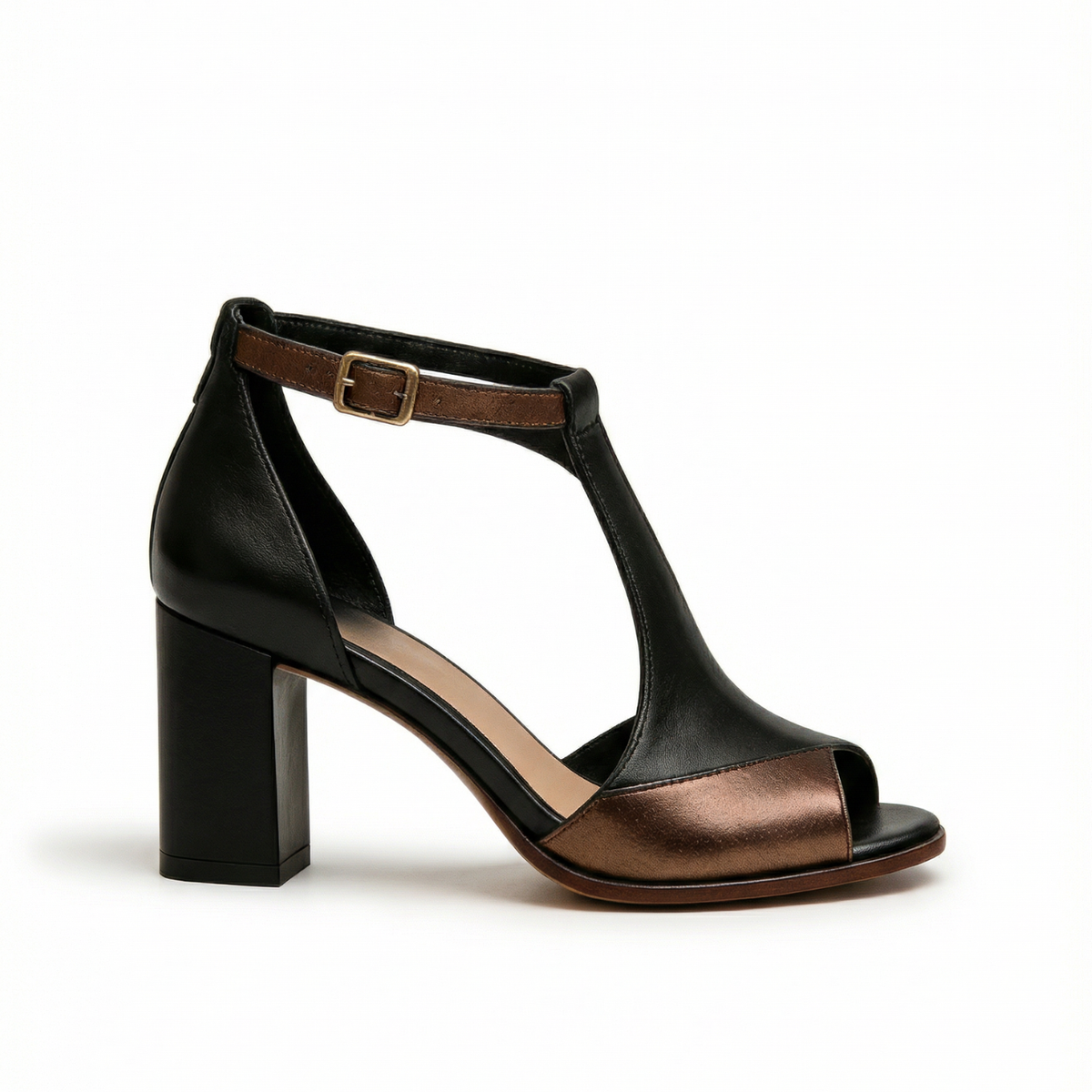 Mayumi — Orthopaedic T-Strap Block-Heel Sandals with Bronze Toe