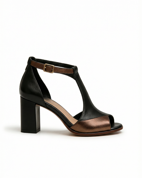 Mayumi — Orthopaedic T-Strap Block-Heel Sandals with Bronze Toe