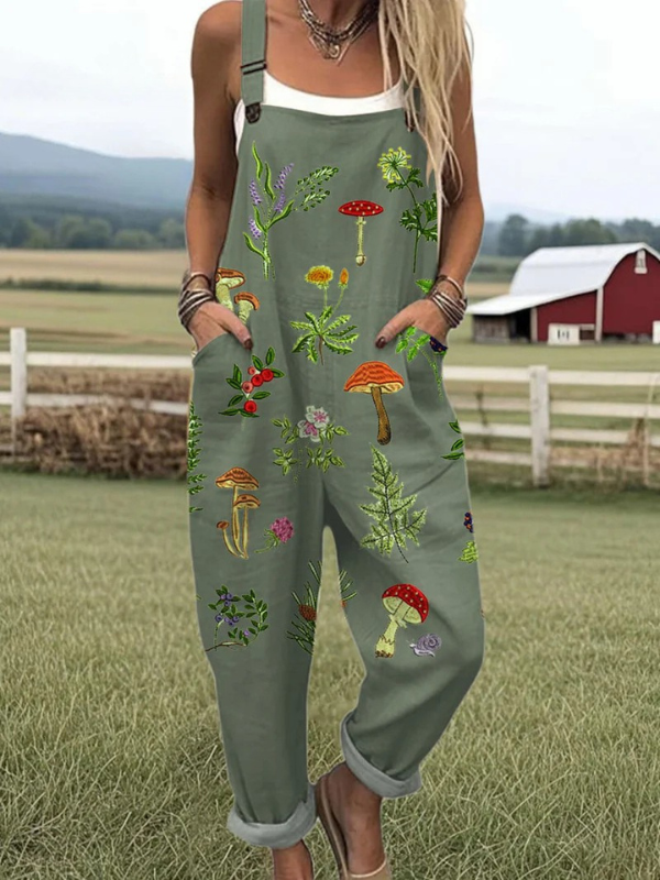 Madge — Sage Mushroom and Botanical Print Overalls