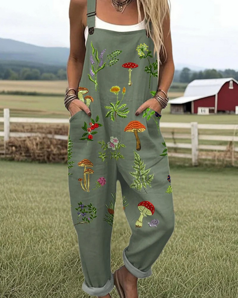 Madge — Sage Mushroom and Botanical Print Overalls