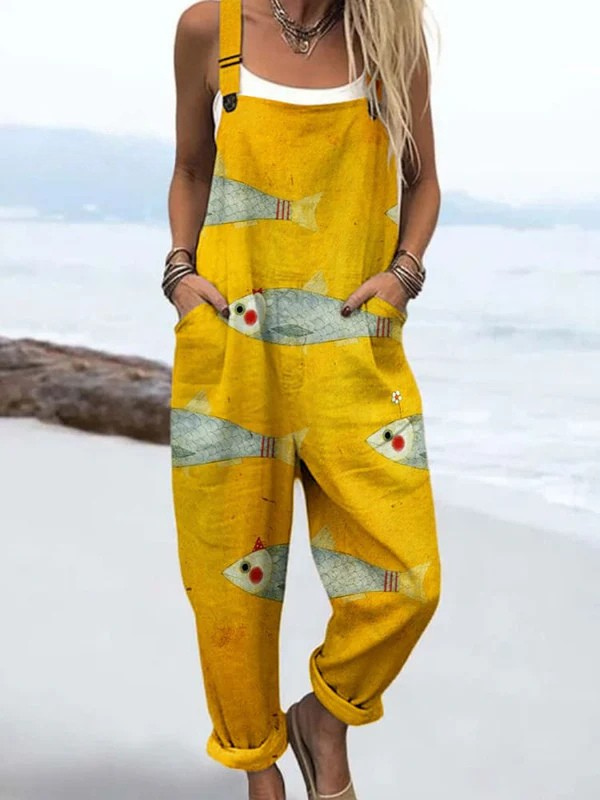 Fulvia — Mustard Fish Print Overalls