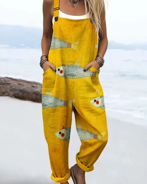 Fulvia — Mustard Fish Print Overalls