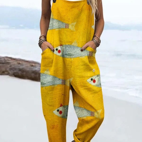Fulvia — Mustard Fish Print Overalls