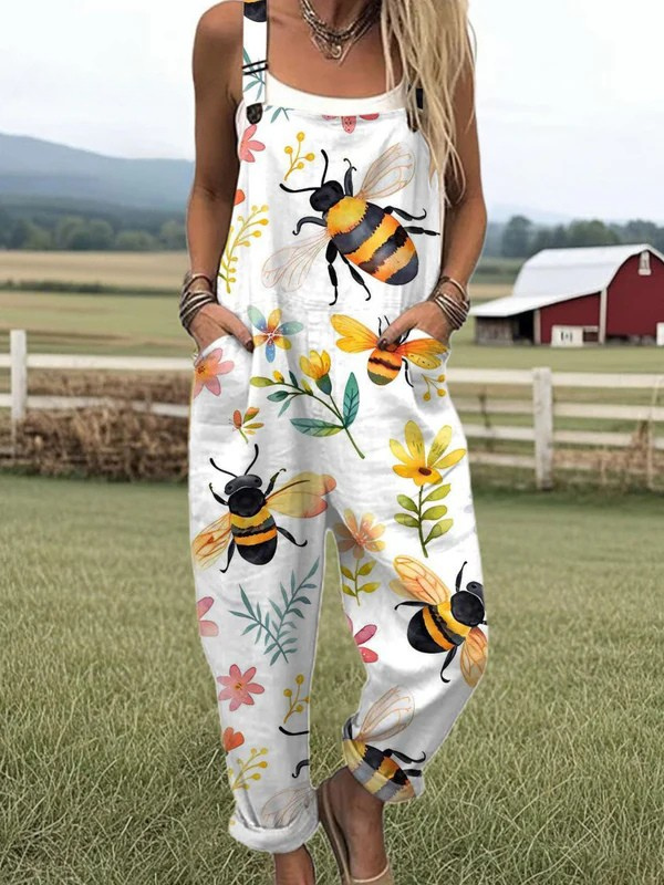 Ricarda — Bumblebee and Yellow Blossom Print Overalls