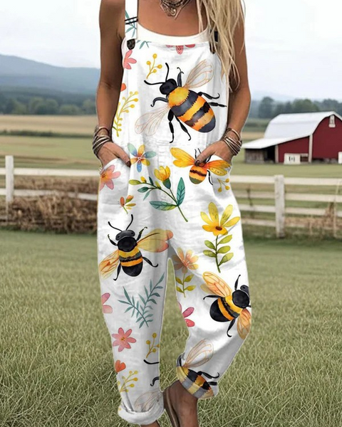 Ricarda — Bumblebee and Yellow Blossom Print Overalls